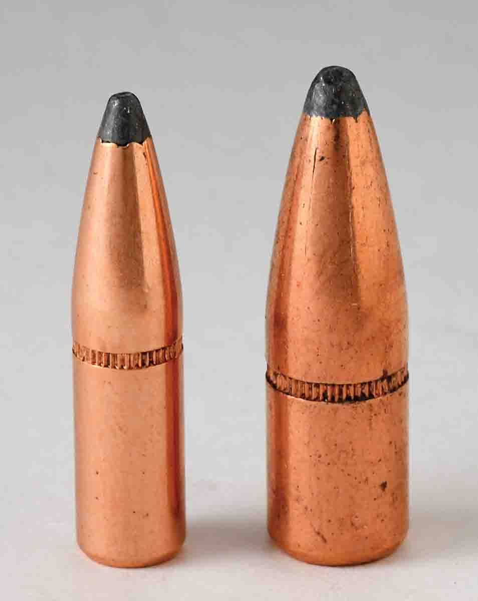 The 150-grain .277-inch bullet at left, has the same sectional density (.279) as the 250-grain .358-inch bullet at right. Both are Hornady bullets.